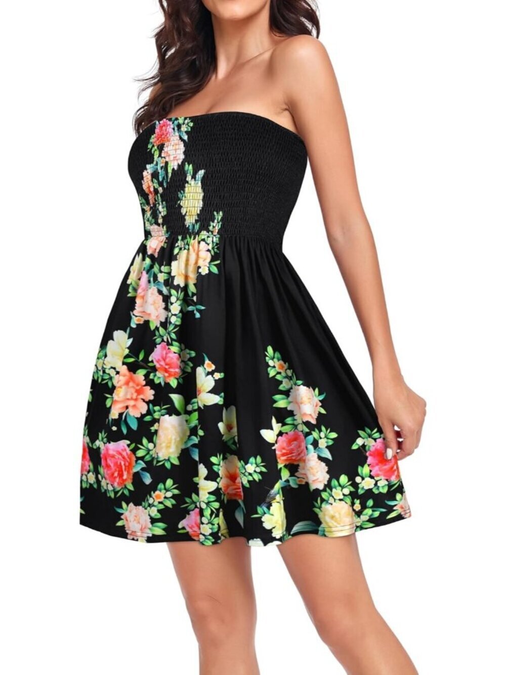 Women's Black Rose Flower Beach Boho Strapless Cover Off Shoulder Floral Dress